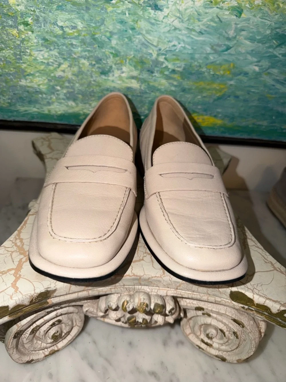 SAINT G Carla Off-White Leather Penny Loafers - Classic Slip-On Dress Shoes